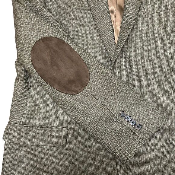 Lauren Ralph Lauren Men’s Wool Blazer Size 44L Elbow Patches Green Herringbone - Picture 3 of 15